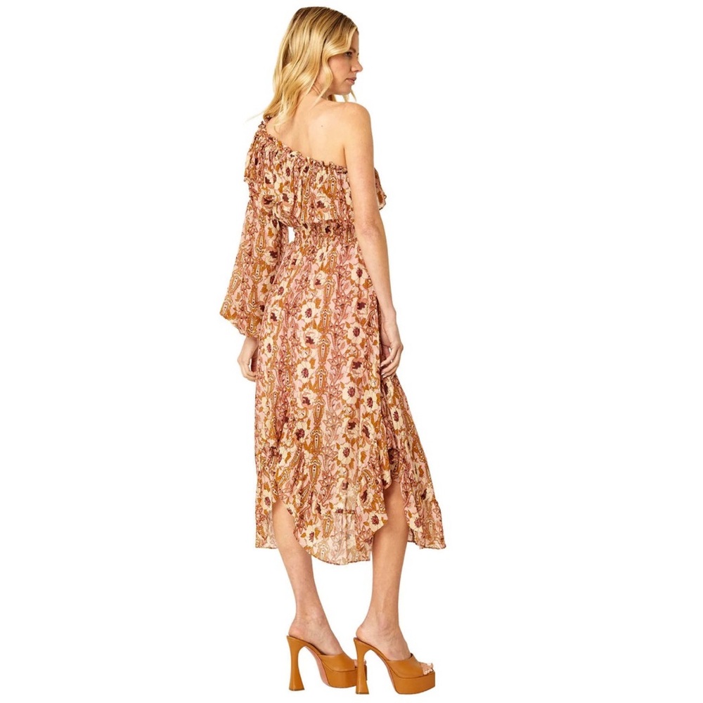 MISA VOLA PINK CREAM BROWN FLORAL RUFFLE ONE SHOULDER LONG SLEEVE MIDI DRESS - Picture 12 of 12